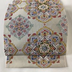 H-648 袋帯 正絹 お太鼓柄 金糸 箔 華模様 花丸模様 扇柄 金 袋帯 名品 琳派三十六華扇 金糸 箔 金色 お太鼓柄 正絹 【中古