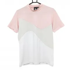 【超美品】デサントゴルフ 半袖ハイネックシャツ ピンク×白×ライトグレー 3トーンカラー  メンズ M ゴルフウェア 2023年モデル DESCENTE