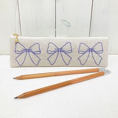 細型ペンケース【リボン 紫】　刺し子・綿麻・コットン