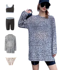 [LIMSE] 3点セット 水着 レディース スポーツブラ+ショートパンツ+カバーアップ ラッシュガード 体型カバー UV対策 トレーニングウェア ヨガ ピラティス グレー M 