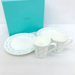 TIFFANY&Co. ティファニー カップ＆ソーサー ペアマグカップ セット 食器 ウィートリーフ 美品 箱付き ギフト ホワイト系 雑貨 IF15148■
