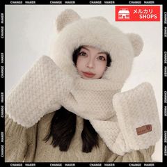 [송료 무료] 곰 귀 니트 모자 머플러 장갑 일체형 푹신푹신 모피 후드 첨부 머플러 가을 겨울 동물 귀 첨부 봉제 모자 야외 추위 대책 방풍 방한 보온 장갑 귀여운 니트 보시 모코모코 모자 한국풍