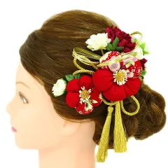 髪飾り 成人式 水引 つまみ細工 赤 振袖 前撮り 袴 花 2点セット ワインレッド 白 オホワイト ゴールド ちりめん 組紐 房 房付 No.9-2958