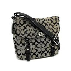 【中古】良品 COACH コーチ シグネチャー ターンロック キャンバス × レザー ショルダー バッグ dD0864N