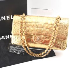 【期間限定＋特別価格3/31まで】CHANEL シャネル マトラッセ ラムスキン クロコダイル 型押し ダブル チェーンショルダーバッグ ダブルフラップ CCロゴ ゴールド ゴールド金具 保存袋 ギャランディ カード 有り （261）
