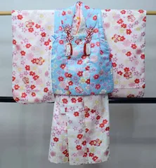 七五三 三歳 女児 被布コート 着物 長襦袢 3点セット 水色×白色 祝着 刺繍入りの半衿 伊達衿縫い付け済 お仕立て無料 NO41203