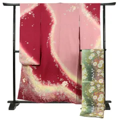 中古 振袖 袋帯 リサイクル 2点セット 赤 ピンク 緑 金彩友禅 唐織 花 桜 流水 礼装用 フォーマル 身丈163cm 裄67.5cm M Lサイズ No.3-0379