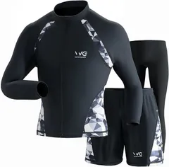 WATER GAMES ラッシュガード メンズUVカット機能 UPF50+・接触冷感・速乾機能・高伸縮素材 長袖 フルジップ 水着対応 オーバーサイズ 紫外線対策 水陸両用(3点セットWGRG04（ジュエリーXブラック,  L)