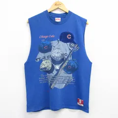 L/古着 ノースリーブ ビンテージ Tシャツ メンズ 90s MLB シカゴカブス コットン クルーネック 青 ブルー メジャーリーグ ベースボール 野