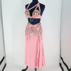 【ベリーダンス用 オリエンタル衣装】ピンク ラインストーン シルバー 赤 スリット ラメ 星形 女性らしい 可愛い 煌びやか トップス スカート アクセサリー セット