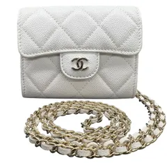 【価格値下げ！】未使用品 CHANEL シャネル マトラッセ コインケース チェーンウォレット グレインカーフ キャビアスキン AP0238 ゴールド金具 ホワイト コンパクトウォレット ミニマトラッセ タイムレス 極美品 SAランク 中古 鑑定済