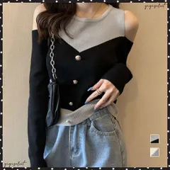 ニットトップス オフショルダーリブニット 肩出し カジュアルスタイル レディース 長袖 ボタン付き おしゃれ レイヤード風セーター韓国風 バイカラーニットトップス 肌見せ セクシー 肩見せニットウエア ニットセーター春秋