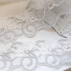 フレンチ ホワイト×シルバーラメ 刺繍レース レースリボン モチーフレースのサムネイル