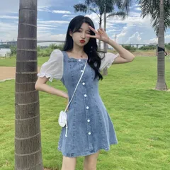 ワンピース レディース デニム 異素材 スカート 半袖 ミニ 韓国ファッション ガーリー バルーンスリーブ M250417-371