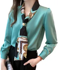 world resilience シャツ レディース レトロ Vネック パフスリーブ OL エレガント シンプル ゆったり 長袖 オフィス(グリーン,  M)