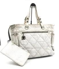 ■超希少高級品■鑑定済み■CHANEL シャネル　パリビアリッツGM　マトラッセキルティング　トートバッグ　ミニポーチ付き　コーティングキャンバス　ホワイト　シルバー金具　イタリア製　シリアルシールあり(12番代)　ココマークチャームあり