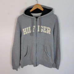 TOMMY HILFIGER トミーヒルフィガー ジップアップパーカー アーチロゴ ワッペン グレー Mサイズ メンズ 古着 アメカジ