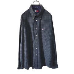 90s TOMMY HILFIGER トミーヒルフィガー 長袖ボタンダウンシャツ メンズ XLサイズ  ダークグリーン系チェック 刺繍ロゴ
