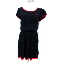 バーバリーブルーレーベル BURBERRY BLUE LABEL ニットワンピース ひざ丈 ラウンドネック フレアスリーブ ロゴ刺繍 38 M 紺 ネイビー 赤 レッド /SM13 ■GY11