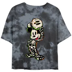 【送料無料】 ディズニー レディース Tシャツ トップス Disney's Mickey Mouse Skeleton Juniors' Cropped Graphic Tee Black Charcoal