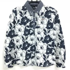 ★特価★ゾーイ 長袖ポロシャツ 白×ネイビー 花柄 胸元ロゴ ボタンダウン レディース 38(M) ゴルフウェア ZOY