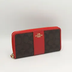 美品 コーチ 長財布 レッド×ブラウンカラー シグネチャー ラウンドファスナー メンズ/レディース INB 2000000 NSK