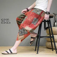 [3XL ]秋冬 コーデ メンズ  服 シンプル ファッション オシャレ 大人 かっこいい 大きいサイズ ストリート 紳士服 軽 通気 花柄 リネン パンツ プリント コットン リネン クロップドパンツ レトロ ビーチ