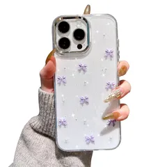 QLTYPRI iPhone16 Pro ケース クリア パープル ミニリボン おしゃれ 韓国 iPhone16 Proケース 透明 可愛い 耐衝撃 スマホケース 立体 りぼん装飾 きらきら アイフォン16 Pro ケース、パープル 0