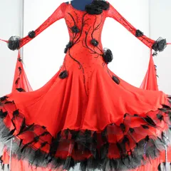 【美品 社交ダンス衣装】レッド×豪華フリル ワンピース ドレス 赤 ファー ブラック 黒 羽 フロート レース 薔薇 花 華やか ゴージャス 目立つ 上品 迫力 高級感 デモ  競技用 大きい 胸パッド付き レオタード パニエ 飾り 装飾 ラインストーン
