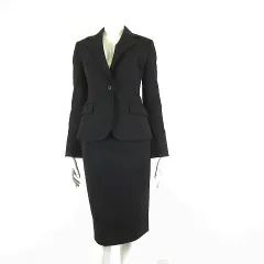 ストロベリーフィールズ STRAWBERRY-FIELDS スカートスーツ 上下セットアップ ストレッチ 1ボタン ジャケット タイト スカート M S 黒 ブラック ビジネス リクルート