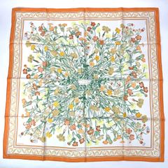 新品同様 HERMES エルメス カレ90 野生のカーネーションやナデシコ シルク スカーフ オレンジ
