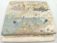 平和屋着物◎九寸名古屋帯 刺繍 草花文 鬼しぼ縮緬 正絹 逸品