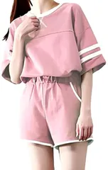NAGAPO（ナガポ） レディース ルームウェア 上下セット セットアップ 半袖 ショートパンツ 大きいサイズ かわいい( ピンク L)
