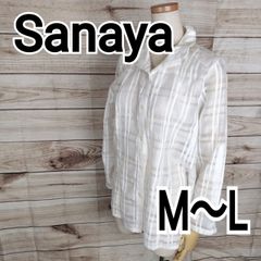 美品　Sanaya シースルーブラウス　肩パッド入り 袖の長さ調節可能　七分袖　チェック模様　襟付き　フロントボタン　白　ホワイト(5674 bbb250)
