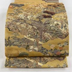 袋帯 美品 名品 証紙 菱屋六右衛門 紬地 幾何学模様 金彩 墨色 六通