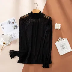 ☆ ブラック ☆ XLサイズ ☆ カットソー lysh2 シースルー カットソー レディース 長袖 シャツ 薄手 メッシュ レース シアー シアータートル タートルネック フリルネック ハイネック 重ね着 レイヤード エレガント 透け カジュアル