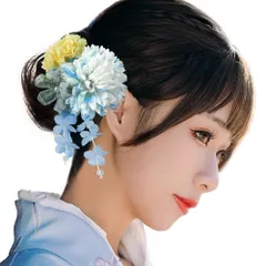 在庫処分　浴衣 七五三 成人式 髪 飾り 女の子 髪飾り 花 袴 着物 振袖 和装 卒業式 結婚式 OTAKUMARKET 髪留め 子供かんざし 和風 高級造花 ヘアアクセサリー3カラー (ブルー)