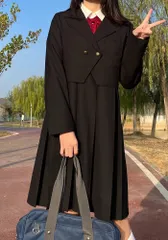 セーラー服 JK制服 4点セット 入学式 卒業式 通学 黒 紺色 長袖 膝丈 ジャンパースカート スカート 前開き 可愛い コスプレ senyu04