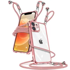 【迅速発送】iPhone 12 ケース クリア ショルダー iPhone12 スマホケース アイフォン12 カバー 肩掛け 斜めかけ 縄掛けケース 透明 薄型 軽量 TPU 携帯ケース 紐付き 斜めがけ 織りストラップ付き 長さ調整可能 取り外し可能 落下防止