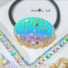 星に願いを・・・☆猫 かすみ草 お花 レジン ヘアゴム 七夕 ねこ