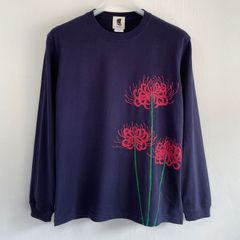 手描き彼岸花柄長袖Tシャツ  ネイビー 袖リブ付き ロンT