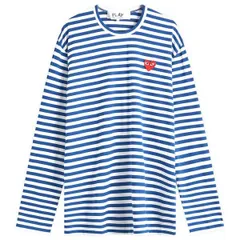 【送料無料】 コム・デ・ギャルソン メンズ Tシャツ トップス Comme des Garcons Play Long Sleeve Heart Logo Stripe T-Shirt Navy & White