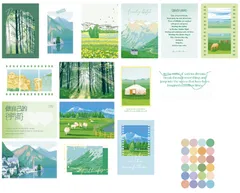 ［ドナリー］おしゃれで可愛い ポストカード 15枚セット シール付き はがきサイズ 北欧 韓国 海外 インテリア 雑貨 ミニポスター (グリーン) [グリーン]