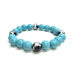 10mm 四神獣銀彫オニキス×ターコイズ パワーストーン ブレスレット天然石 運気上昇 開運 金運 恋愛運 お守り 青龍 白虎 玄武 朱雀  #2 メンズ・レディース 男性・女性 数珠ブレス 開運 ■