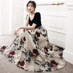 ドレス 黒 ベロア ベルベット 刺繍 花柄 オシャレ ドッキング チュール ロングドレス ワイン赤 パフスリーブ 発表会ドレス パーティードレス Aライン ショート丈 ミモレ丈 ロング丈 半袖 成人式ドレス 結婚式 二次会 お呼ばれ 送料無料 c6wD396