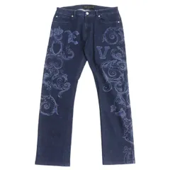 【ドンドン見直し】美品□VERSACE/ヴェルサーチ ロゴレザーパッチ メデューサ金具 プリントデザイン デニムパンツ ブルー 32 伊製 正規品のサムネイル