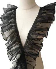 Miracroute 幅10cm 長さ4.5m オーガンジー フリル 生地 かわいい プリーツ リボン レース シースルー 透け 装飾 衣装 コスチューム ハンドメイド ドレス 布地 DIY お花 シフォン( ブラック)