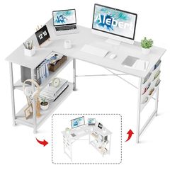 Alebert デスク 机 L字デスク パソコンデスク「メーカー一年」 幅107cm 机 pcデスク 勉強机 テーブル 作業机 ゲーミングデスク ラック付きデスク l字型デスク ワークデスク オフィスデスク コーナーデスク ゲームデスク 棚板高さ調節可能 省ス
