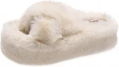 Magno(マグノ) もこもこ ヒール スリッパ レディース ルームシューズ 室内 外履き ふわふわ ファー 厚底 サンダル 7cm(ベージュ,  23.0 cm 2E)