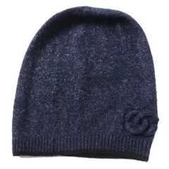未使用品◎正規品 伊製 シャネル 16B レディース ココマーク カシミヤ×シルク ニット帽／ニットキャップ ネイビー ラメ糸入り タグ付きのサムネイル